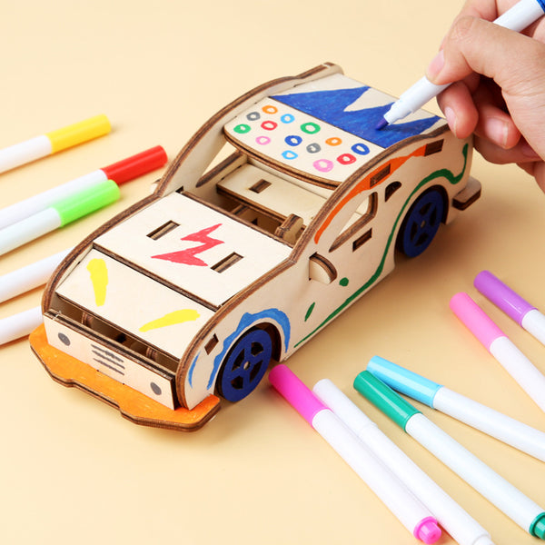 Assemble and Design Wooden Vehicle with Colored Markers