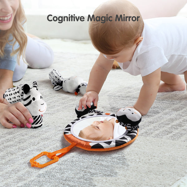 High Contrast Hanging Plush Rattles, Mirror and Soft Cloth Book Set