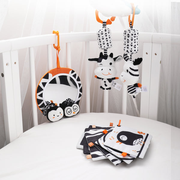 High Contrast Hanging Plush Rattles, Mirror and Soft Cloth Book Set