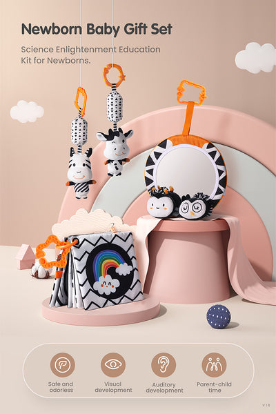 High Contrast Hanging Plush Rattles, Mirror and Soft Cloth Book Set