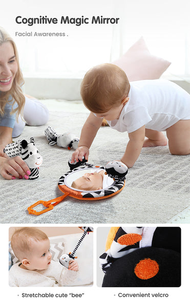 High Contrast Hanging Plush Rattles, Mirror and Soft Cloth Book Set