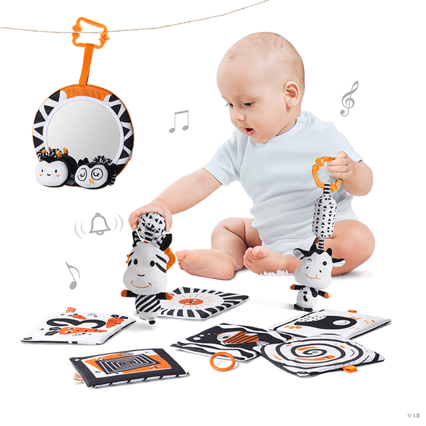 High Contrast Hanging Plush Rattles, Mirror and Soft Cloth Book Set
