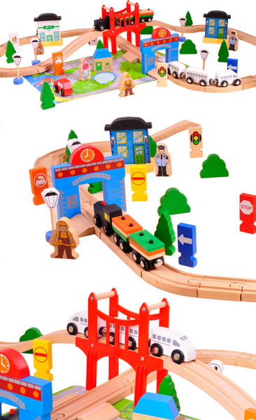80pcs. Wooden Railway Track Train Set- Busy City
