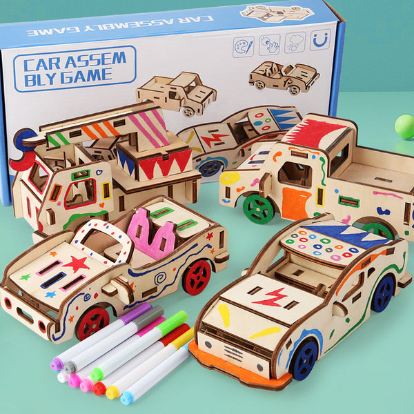 Assemble and Design Wooden Vehicle with Colored Markers