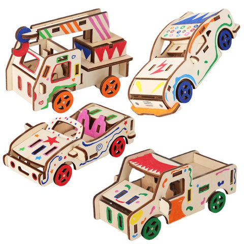 Assemble and Design Wooden Vehicle with Colored Markers