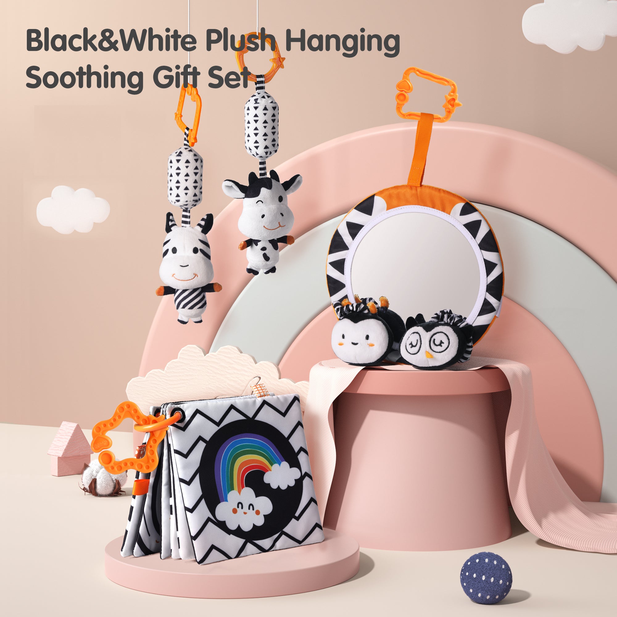 High Contrast Hanging Plush Rattles, Mirror and Soft Cloth Book Set