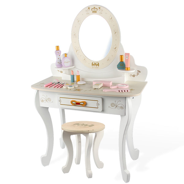 White Wooden Dresser Vanity Table & Chair