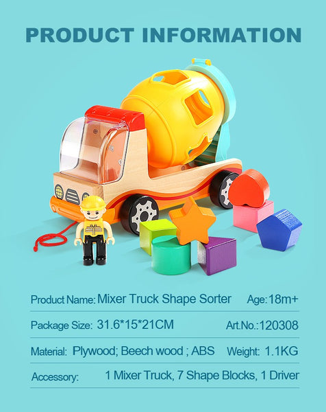 Mixer Toy Truck with Wooden Shape Sorter
