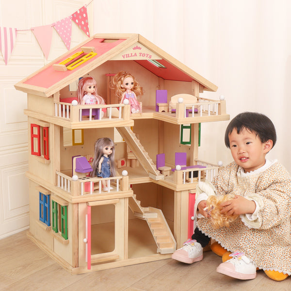 Pink Wooden House with 6 wooden family dolls