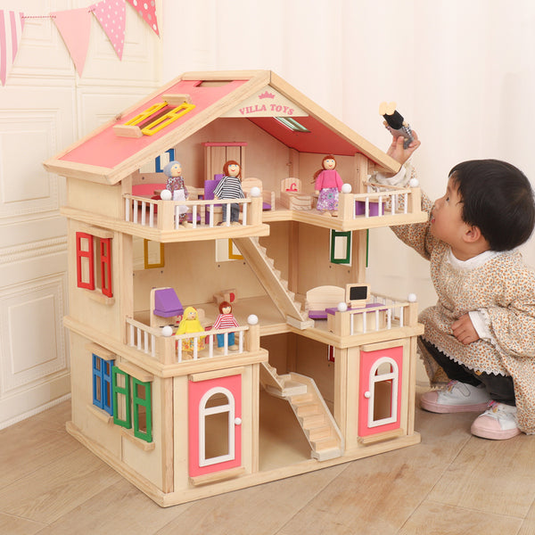 Pink Wooden House with 6 wooden family dolls