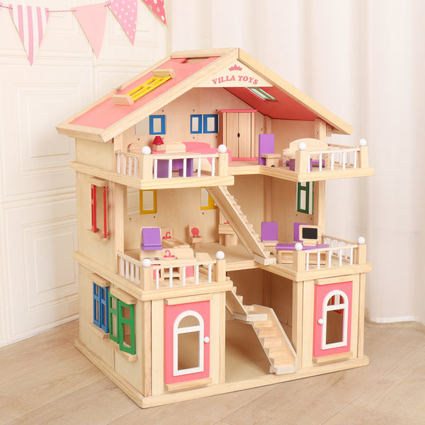 Pink Wooden House with 6 wooden family dolls