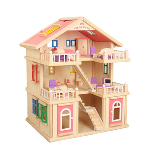 Pink Wooden House with 6 wooden family dolls