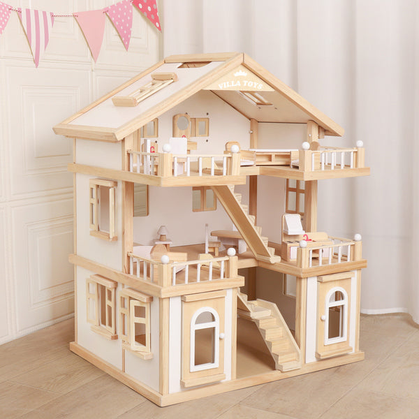 White Wooden House with 6 wooden family dolls
